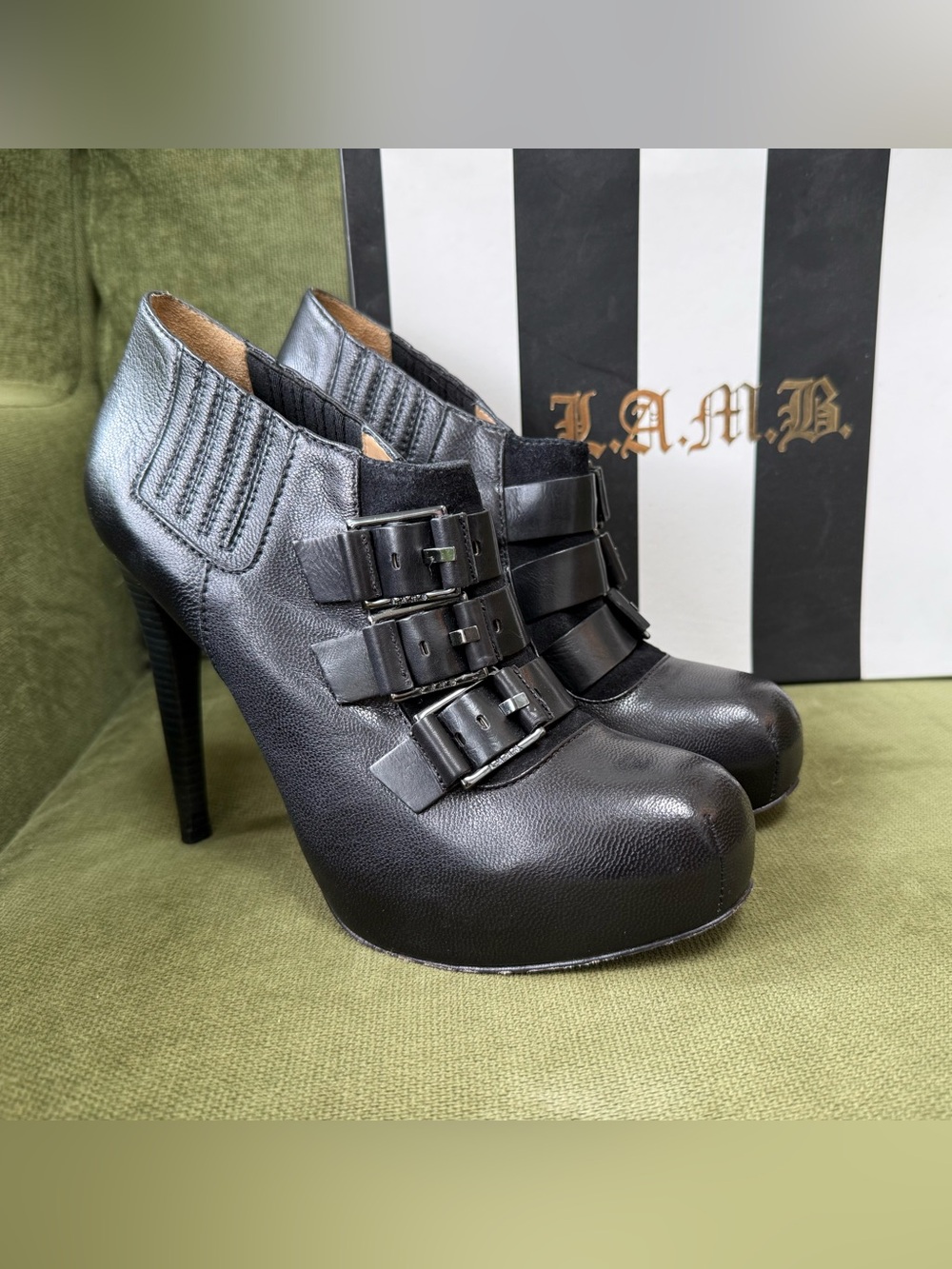 L.A.M.B. Black Leather Buckle Platform Booties
